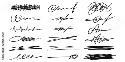Fotografie Set of black hand drawn ink scribbles lines and doodle sketches for design eleme