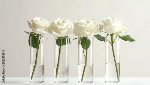 White roses in clear glass vases