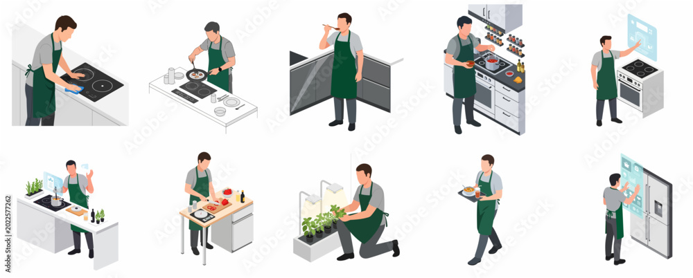 Fototapeta premium Isometric Illustration of a Man Cooking and Managing a Smart Home Kitchen Environment