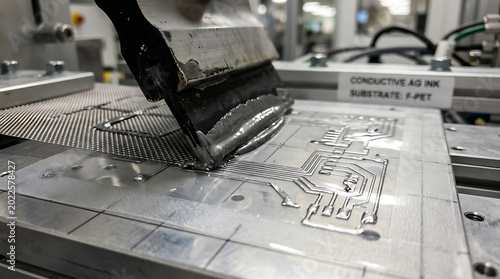 Closeup of industrial machine printing conductive ink on metal substrate in factory setting transparent background