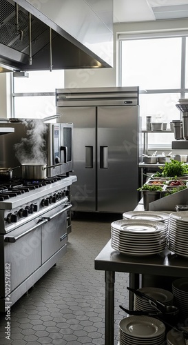 Commercial Kitchen Interior with Stainless Steel Appliances.