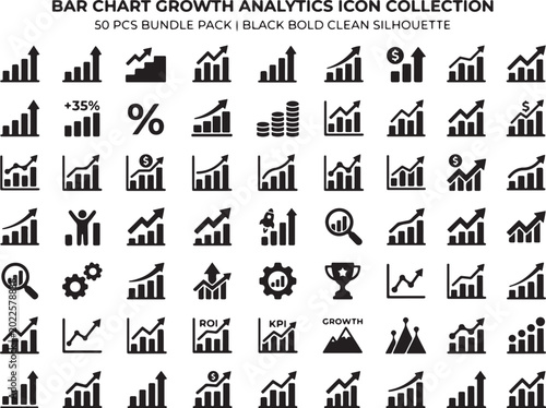 Business Growth Analytics Icons, 50pcs Black Silhouette Set, Chart Graph Symbols, Financial Data Collection