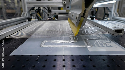 Industrial machine prints circuit board with molten metal on metal sheet in factory setting transparent background