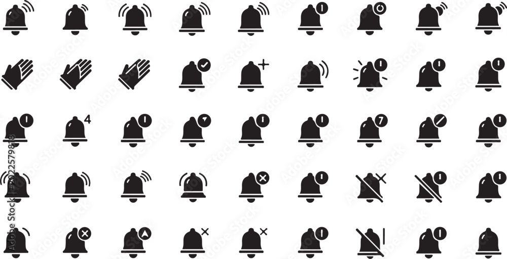 Fototapeta premium Vintage Bell Icon Set Seamless Pattern – Black Alarm, Notification and Service Bells.