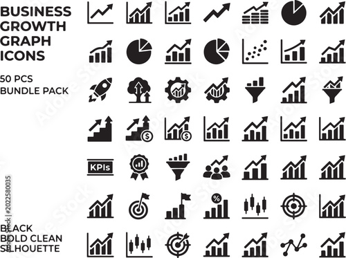 Business Growth Chart Icons, 50 PCS Bundle, Black Bold Silhouette, Commercial Finance Symbols