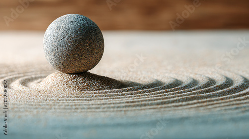 A stone pebble rests perfectly balanced atop a small mound of sand, surrounded by rhythmic ripples, creating a serene and mindful scene of tranquil contemplation and inner peace.