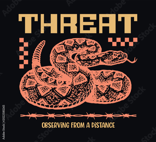 Streetwear design an illustration of a coiled rattlesnake with the word 