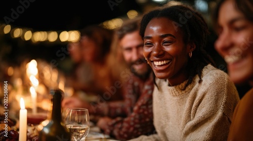 Group of people sitting at a table at a dinner party. they are all smiling and appear to be enjoying each other's company.