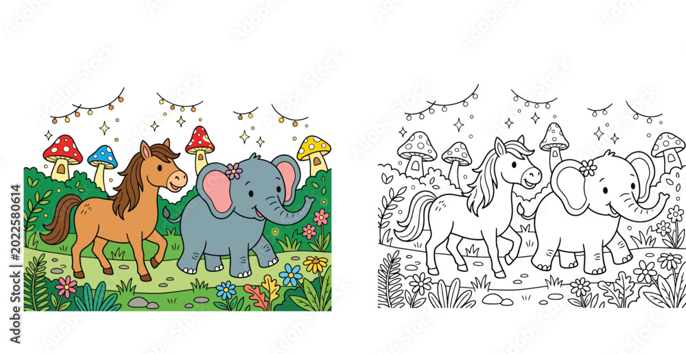 Naklejka premium Cute Cartoon Elephant and Horse Walking in a Magical Forest