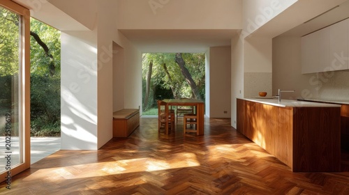 Modern and spacious kitchen with a large window on the left side. the floor is made of wooden planks arranged in a herringbone pattern, and the walls are painted white.
