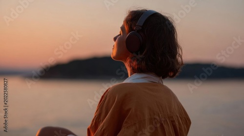 Young woman sitting on a cliff overlooking the ocean at sunset. she is wearing a yellow blouse and has a pair of white headphones on her head.