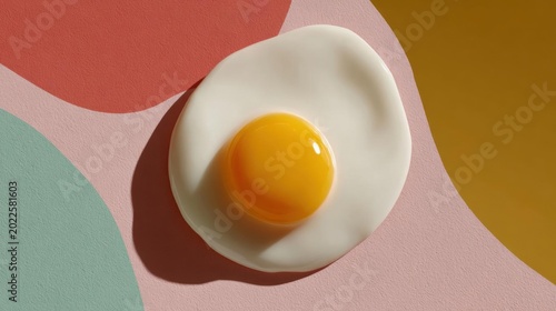 Close-up of a single fried egg on a pink and yellow background. the egg is in the center of the image, with the yolk in the middle. the yolk is a bright yellow color and appears to be freshly cooked.
