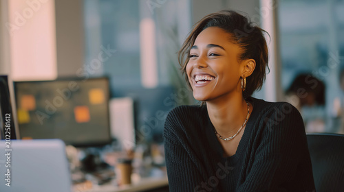 Candid close up of woman laughing during office teamwork meeting, realistic corporate mood