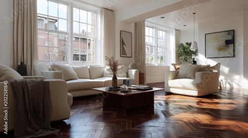 Modern living room with a large window on the left side. the window has white curtains and offers a view of the city. the room is furnished with a beige sofa, two armchairs, and a wooden coffee table.