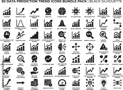 50 data prediction trend icons bundle pack, black silhouette, business infographics, data analysis, statistics