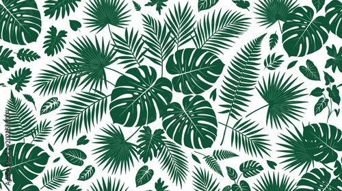Konstfotografi Green Tropical Leaves Seamless Pattern Vector Background with Monstera Palm Fron