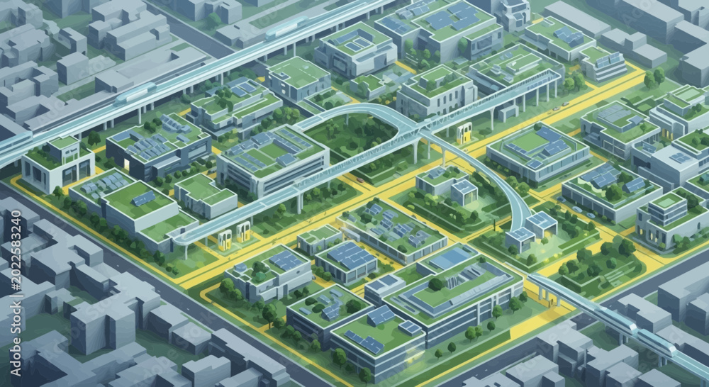 Fototapeta premium Bird's-eye view of a futuristic smart city district with interconnected buildings and green spaces