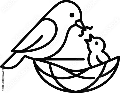 Foto Minimalist Line Art Illustration of a Mother Bird Feeding a Baby Chick in a Nest