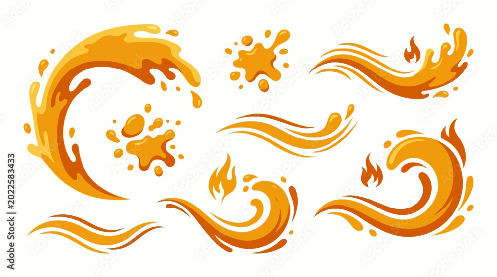 Fototapeta premium Orange liquid splashes and waves set in a vibrant cartoon vector style isolated on white
