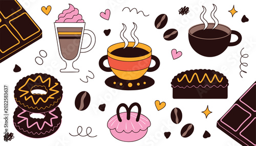 Colorful dessert and coffee icons with donuts and chocolate