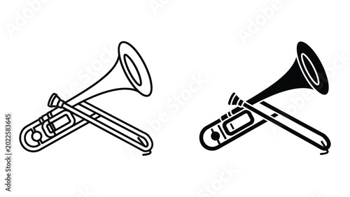Bild auf Leinwand Two crossed trombone musical instruments with different bell styles