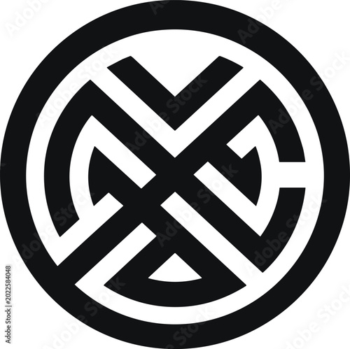 Circular geometric emblem design, black and white symmetrical artwork, intricate knot inspired pattern for cultural symbol or branding identity