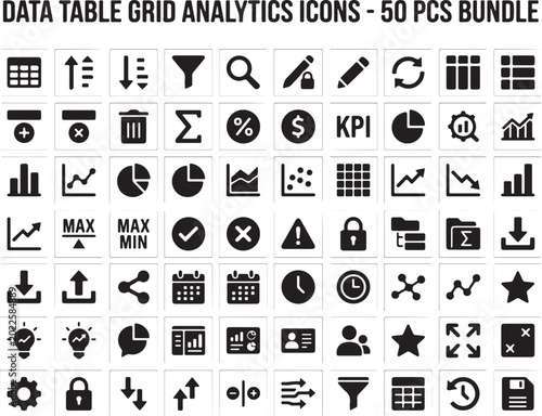 Data table grid analytics icons, 50 pcs bundle, business infographics, KPI symbols, vector graphics