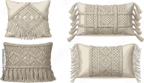 Obraz na płótnie Boho Macrame Decorative Throw Pillows with Tassels and Woven Textile Patterns Ve