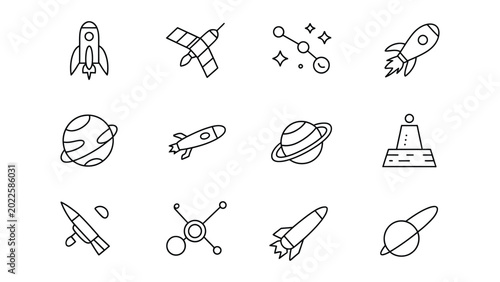 Картината върху платно Collection of outline icons representing rockets planets satellites and celestia