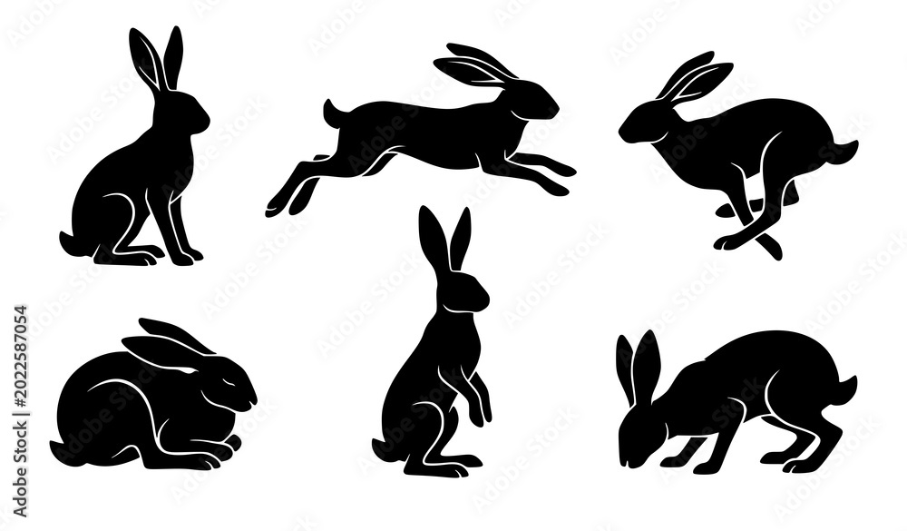 Obraz premium Hare silhouette set mysterious black rabbit vector illustration isolated on white
