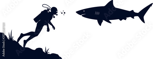 Scuba diver and shark silhouette illustration