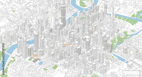 Minimalist 3D isometric urban landscape illustration with detailed white buildings and highlighted areas, ideal for smart city planning, digital mapping, and architectural concepts