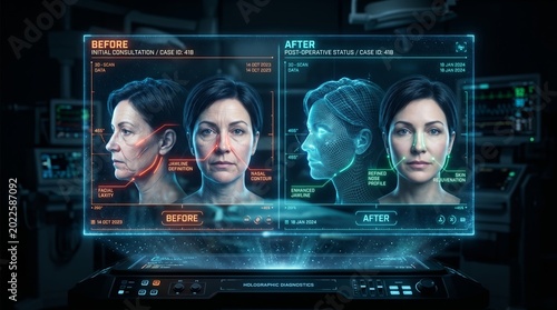 Holographic display compares female facial surgery before and after with 3D scan data. Concept of cosmetic surgery, clinic marketing, medical technology, beauty, diagnostics. Generative AI.