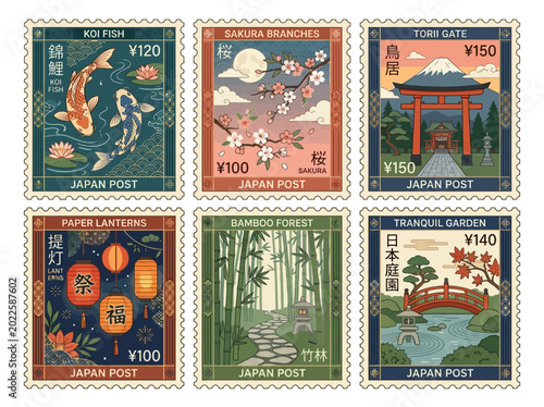 Collection of Japanese postage stamps featuring iconic imagery of koi fish, cherry blossoms, torii gate, paper lanterns, bamboo forest, and tranquil garden scenes
