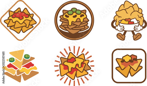 Photos Cartoon nachos with cheese and jalapeno peppers icons set