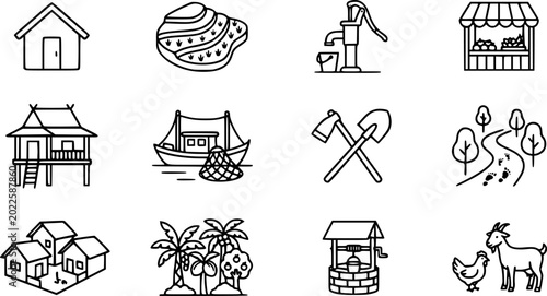 Billede på lærred Koleksi Ilustrasi Ikon Kehidupan Desa dan Pedesaan Outline Vector