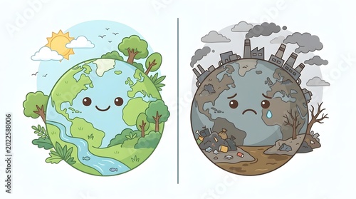 Comparison of a healthy green earth and a polluted industrial earth