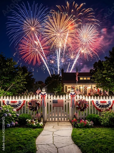 Patriotic Home Decorated With Fireworks Display At Nighttime