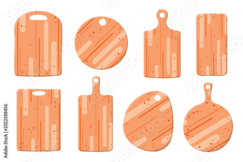 Photos wooden cutting boards cartoon set in various shapes rectangular and round design