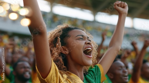 Excited young woman cheering with raised arms and open mouth in a lively outdoor crowd during a sporting event on a sunny day