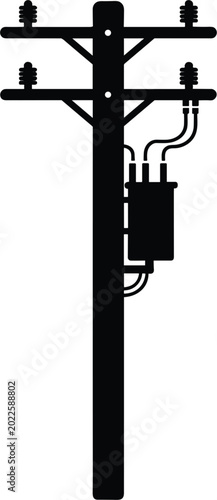 Black silhouette of a single utility pole with transformer and wires on white background Keywords: utility pole, power line