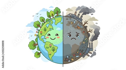 Comparison of a healthy green earth and a polluted industrial earth