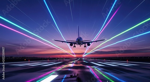 Airplane Taking Off at Sunset with Colorful Lights.