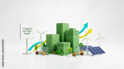 Climate action plan concept with green city model, wind turbines, solar panels, and upward arrows symbolizing sustainable growth and renewable energy progress