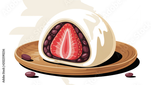 Canvastavla Delicious strawberry cheesecake slice on wooden plate with crumbly crust Vector