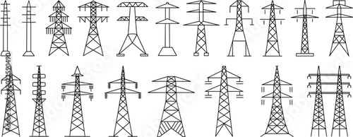 Tableau sur toile Variety of black outline electricity pylons and utility poles on white backgroun