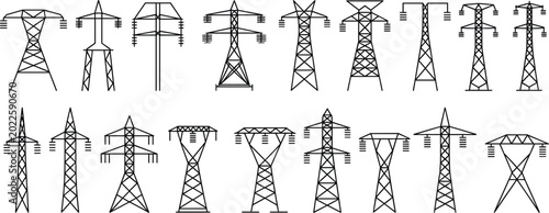 Photos Collection of black outline electricity pylons and utility poles on white backgr