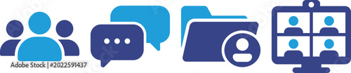 Team collaboration flat icons set featuring group, chat bubbles, shared folder and video meeting for communication, remote work, file sharing and online teamwork