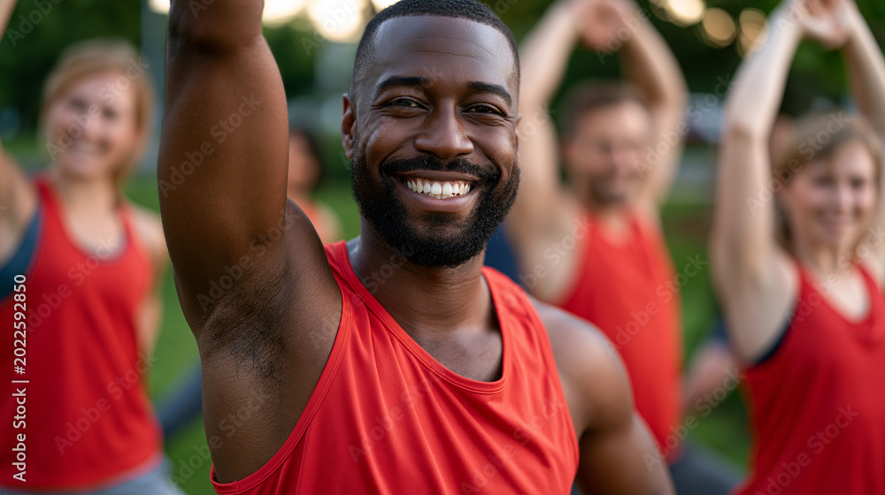 Obraz premium Friends in matching fitness challenge tank tops stretching together in dewy morning grass, diverse group, early summer mist, communal warmth before a group workout, perfect for fitness challenge gro