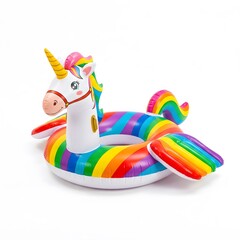 Inflatable unicorn pool float with rainbow tail on white background